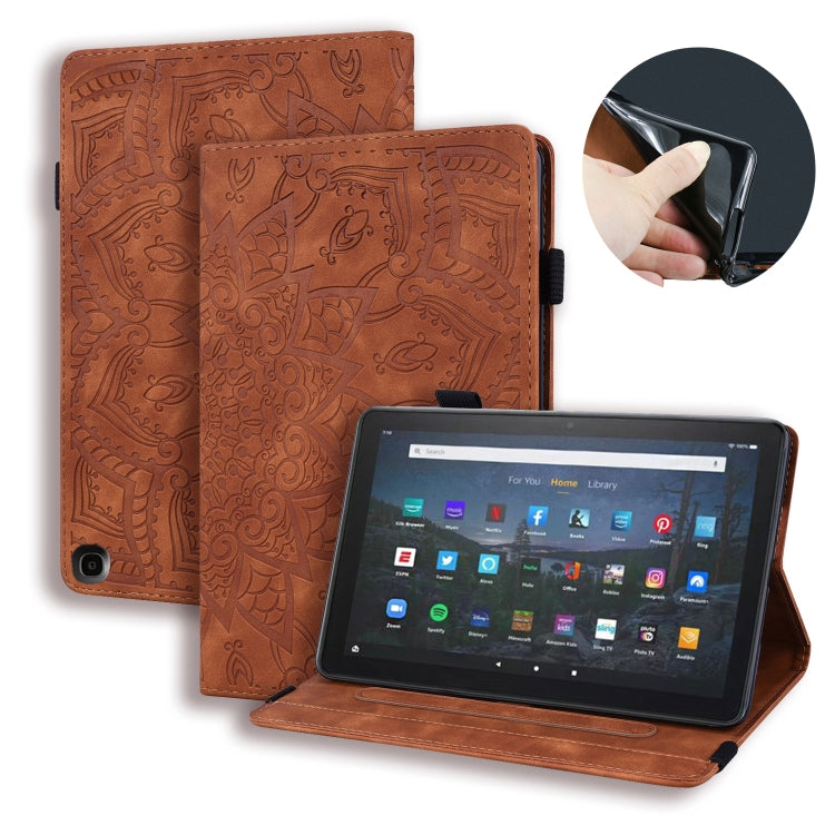 Brown embossed leather folio case with card slots and elastic band, tablet stand