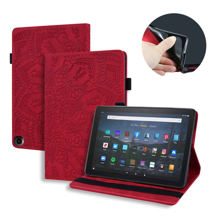 Red embossed leather folio case with card slots and elastic band, tablet stand