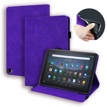 Purple embossed leather folio case with card slots and elastic band, tablet stand