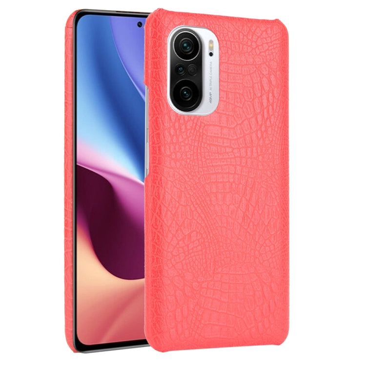 Shockproof crocodile-texture phone case, red, with raised camera cutout