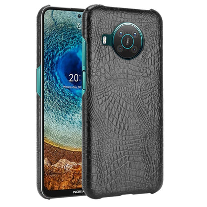 Black crocodile-texture shockproof phone case with circular camera accent