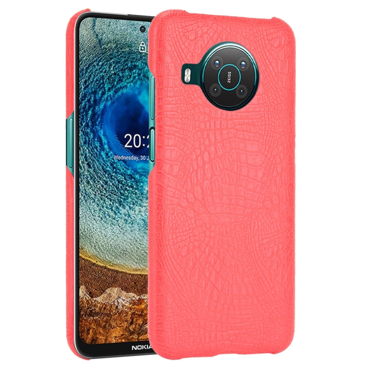 Shockproof crocodile-texture phone case, bright red, with raised camera cutout