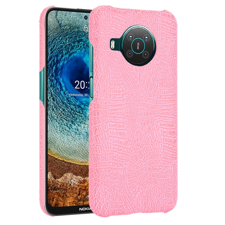 Shockproof crocodile-texture phone case, pale pink, with raised camera cutout