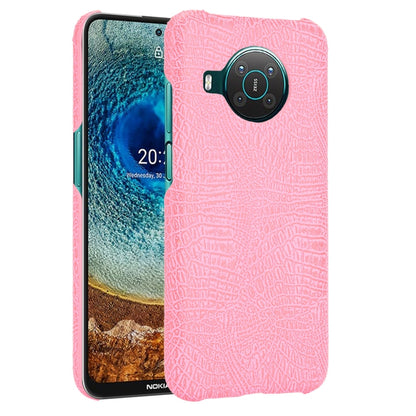 Shockproof crocodile-texture phone case, pale pink, with raised camera cutout