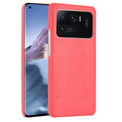 Shockproof crocodile-texture phone case, coral red, with raised camera cutout