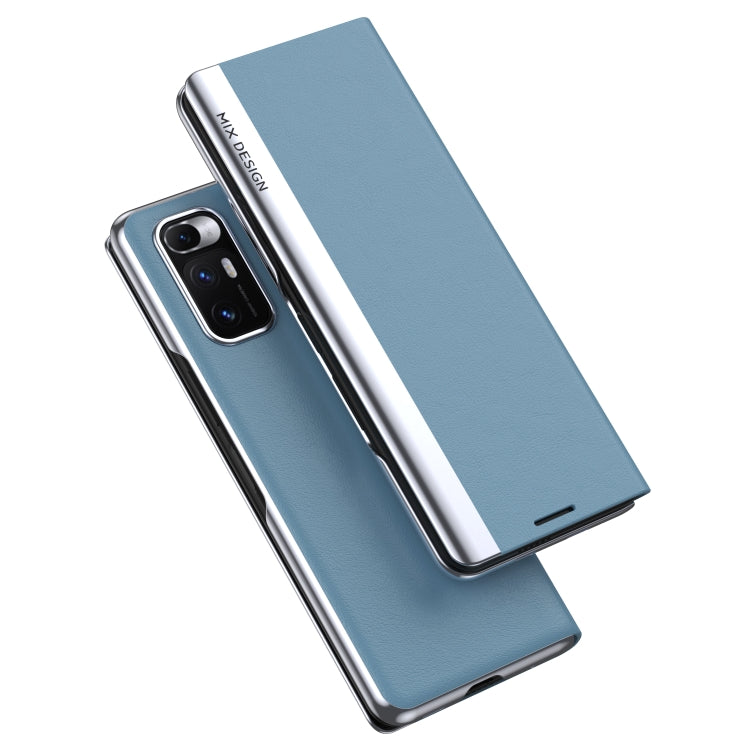 Light blue electroplated leather flip case with holder, shown at an angle