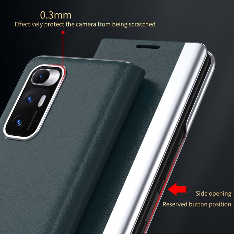 Dark green electroplated leather flip case with side opening and reserved button area