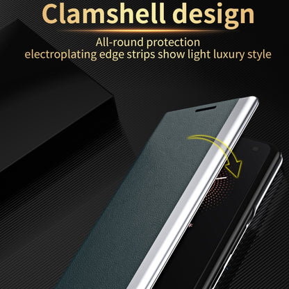 Dark green leather flip case with holder and electroplated silver edges