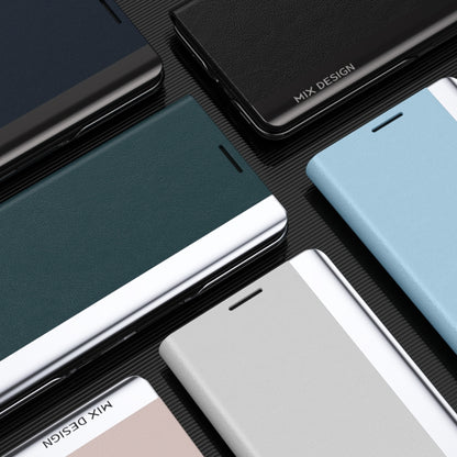 Leather flip case with holder, electroplated edges in dark green, light blue, and white