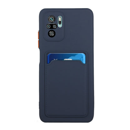 Dark blue TPU phone case with built-in card slot window and raised camera cutouts