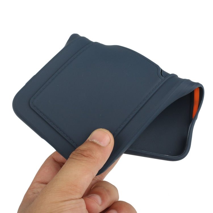 Dark blue TPU phone case with card slot cover and orange edge detail