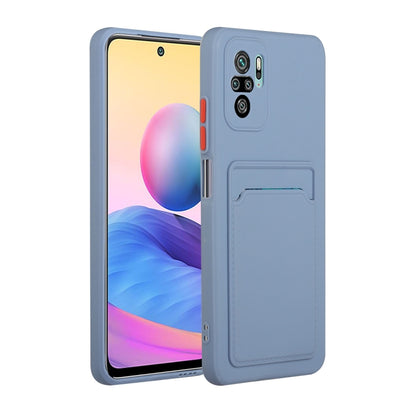 Light blue TPU phone case with card slot design and raised camera cutouts