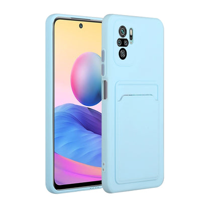 Shockproof TPU phone case with card slot, light blue with raised camera protection.