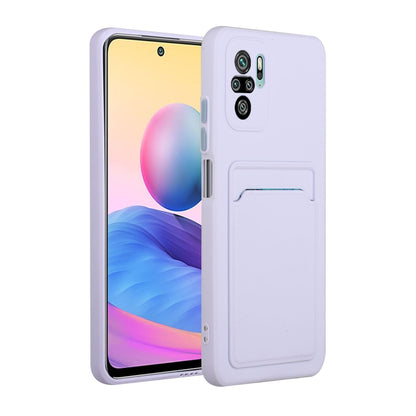 Shockproof TPU phone case with card slot, lavender with raised camera protection.