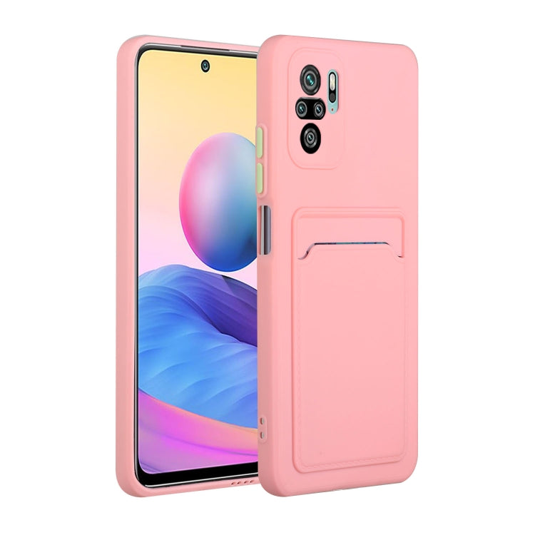 Shockproof TPU phone case with card slot, light pink with raised camera protection.