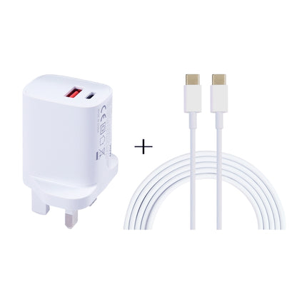 White wall USB charger with red USB-A port and white USB-C to USB-C cable with gold tips