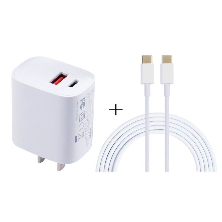 White wall USB charger with red USB-A port plus white USB-C to USB-C cable with gold ends
