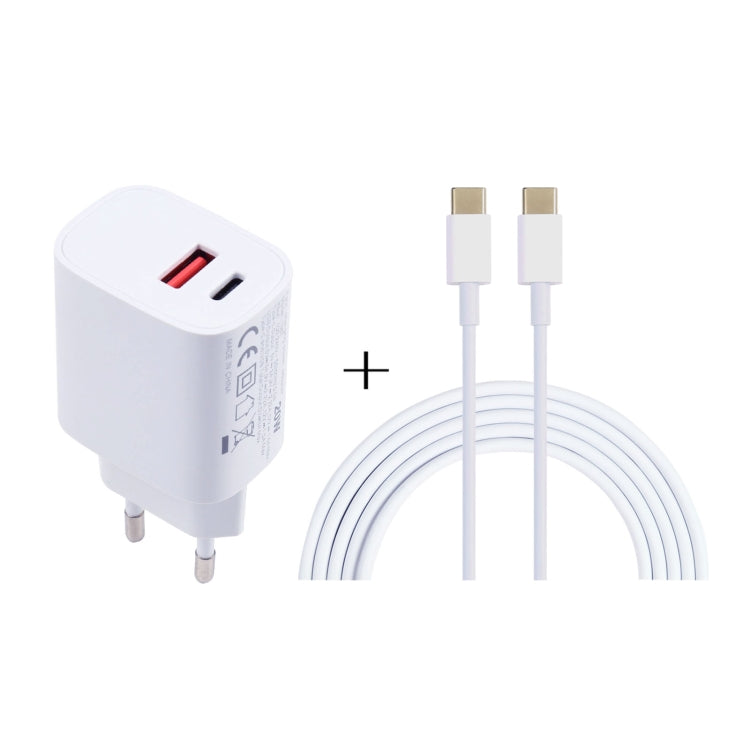 White USB charger with red USB-A port and white USB-C to USB-C cable, gold connectors