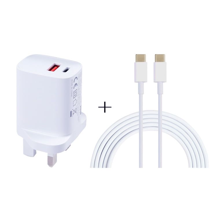 White wall USB charger with red USB-A port paired with white USB-C to USB-C cable