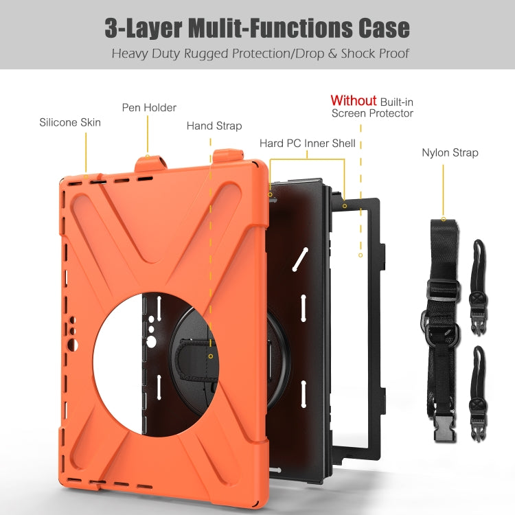 Orange Shockproof tablet case showing pen holder, hand strap, and inner hard PC shell layers