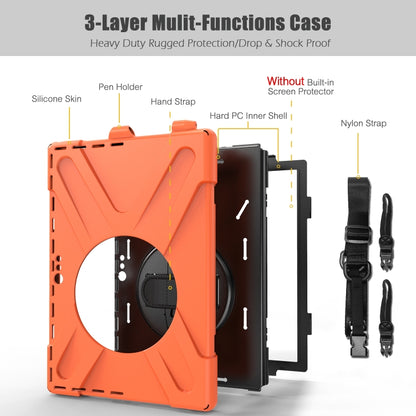 Orange Shockproof tablet case showing pen holder, hand strap, and inner hard PC shell layers