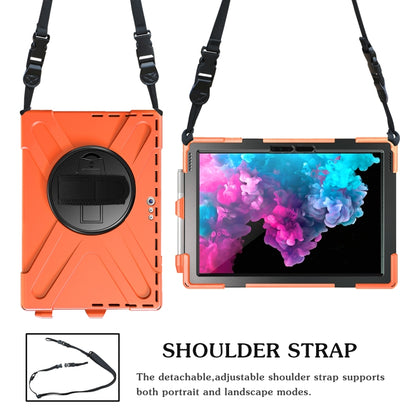 Orange rugged tablet case with shoulder straps and circular holder, front and back views shown