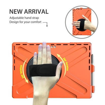 Orange shockproof tablet case with adjustable hand strap and black circular holder
