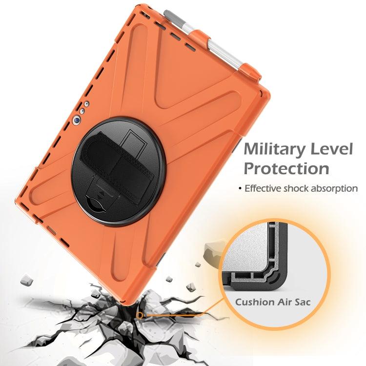 Orange rugged tablet case with black circular holder and cushioned shock-absorbing design