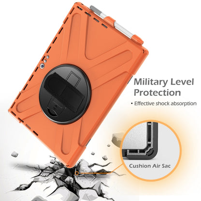 Orange rugged tablet case with black circular holder and cushioned shock-absorbing design
