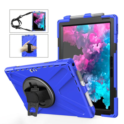 Blue rugged tablet case with hand strap and circular kickstand holder for device protection