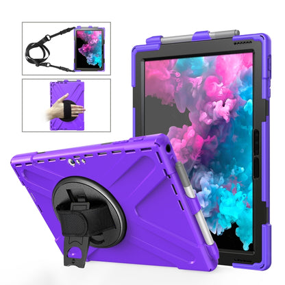 Purple shockproof tablet case with kickstand, hand strap, and pen slot