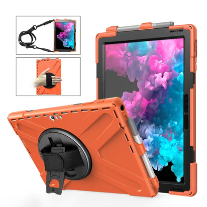 Orange shockproof tablet case with kickstand, hand strap, and pen slot