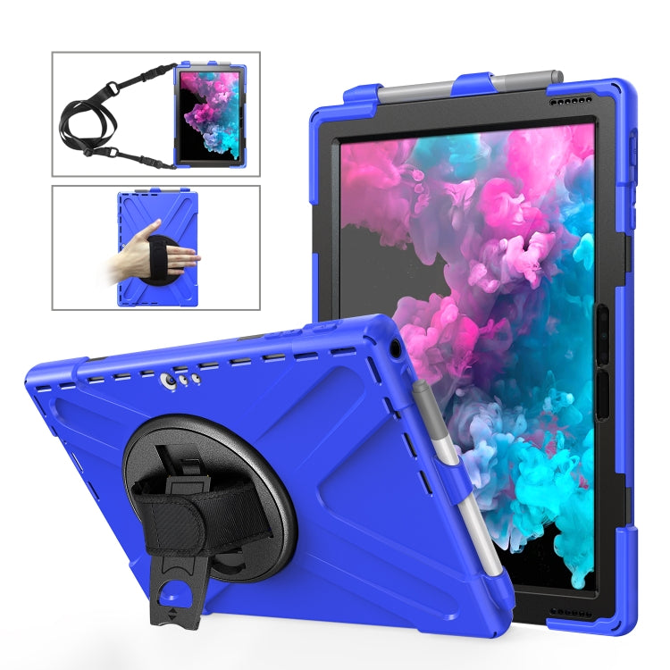 Blue shockproof tablet case with kickstand, hand strap, and pen slot