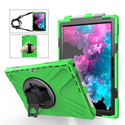 Bright green shockproof tablet case with kickstand, hand strap, and pen slot
