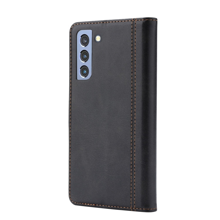 Black leather phone wallet case with stitched edges and camera cutouts