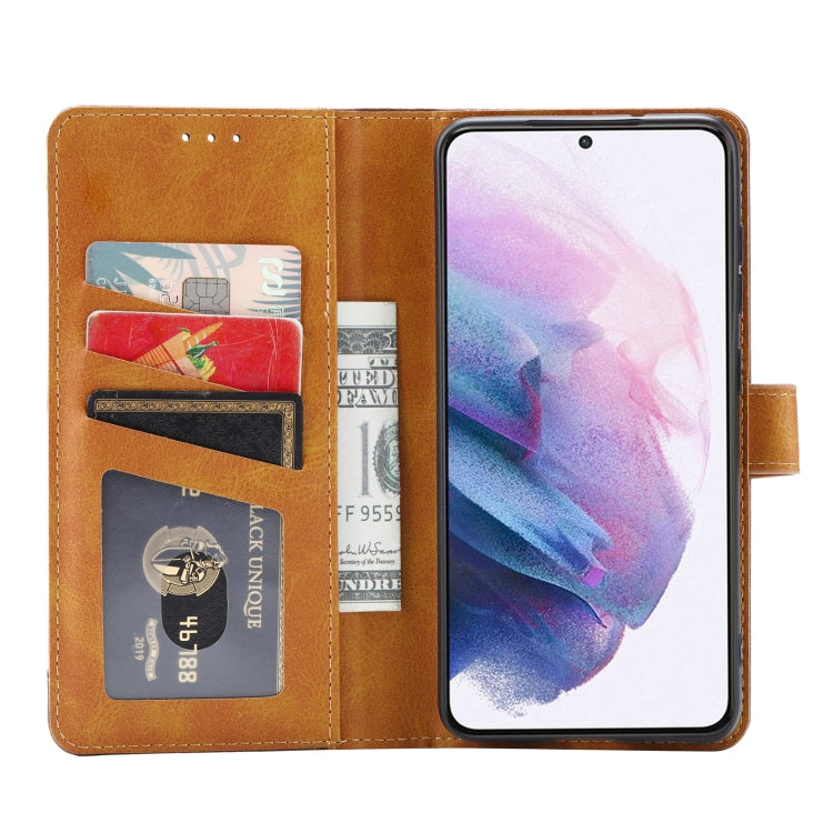 Brown leather flip phone wallet case with card slots and photo frame window