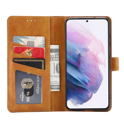 Brown leather flip phone wallet case with card slots and photo frame window