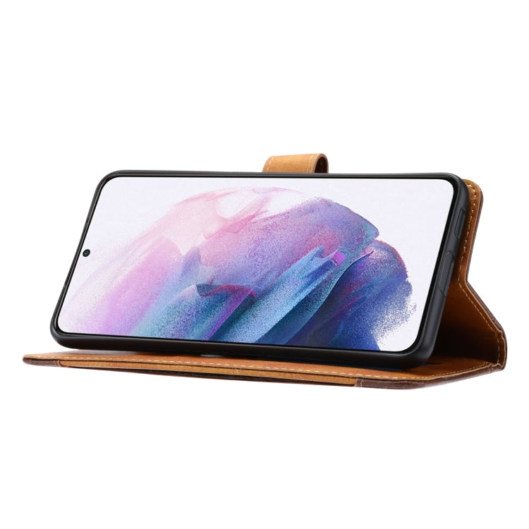Brown leather flip phone wallet case with folio stand for phone