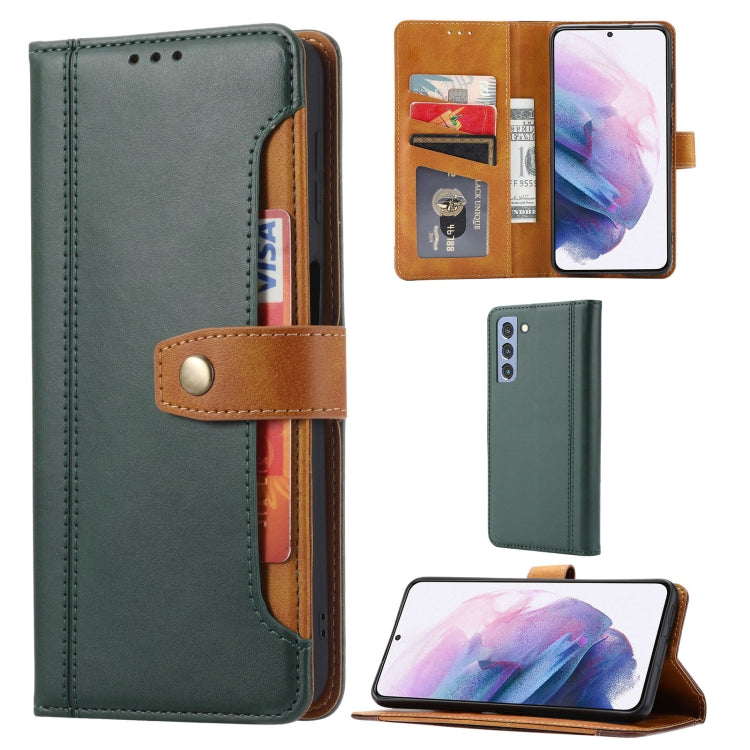 Green leather flip phone wallet case with card slots and photo frame, double fold clasp