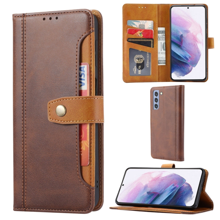 Brown leather flip wallet case with card slots and photo frame, secure double fold clasp