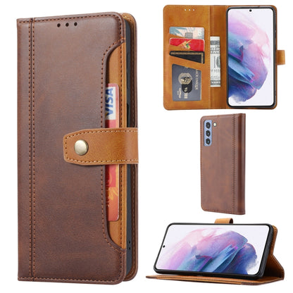 Brown leather flip wallet case with card slots and photo frame, secure double fold clasp