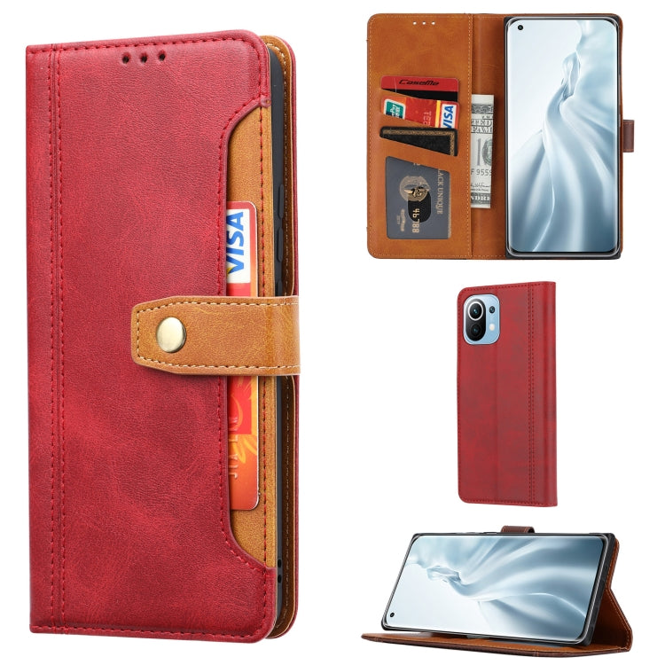 Red leather flip phone wallet case with magnetic clasp and card holder
