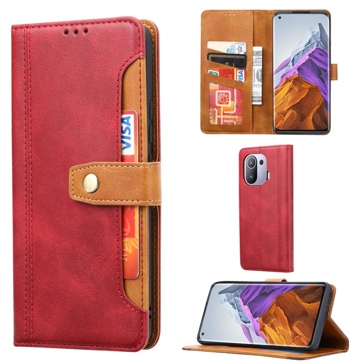 Red leather flip phone wallet case with card slots and folio stand