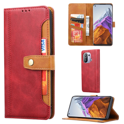 Red leather flip phone wallet case with card slots and folio stand