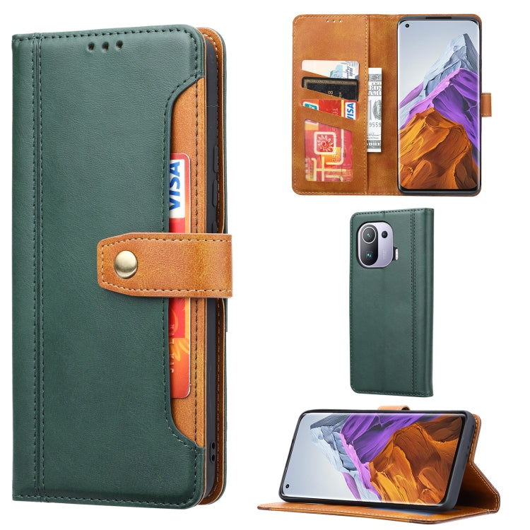 Green leather double-fold clasp flip case with card slots and photo frame window