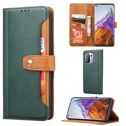 Green leather double-fold clasp flip case with card slots and photo frame window