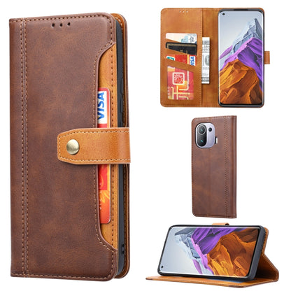 Brown leather flip case with card slots and photo frame window, double fold clasp