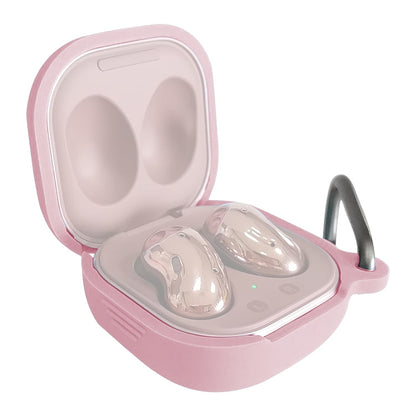 Pink silicone protective earbud case with open lid, built-in hook, and cradle for Buds Live/Pro.