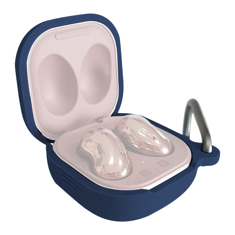 Midnight blue silicone protective earbud case with open lid, built-in hook, and cradle for Buds Live/Pro.
