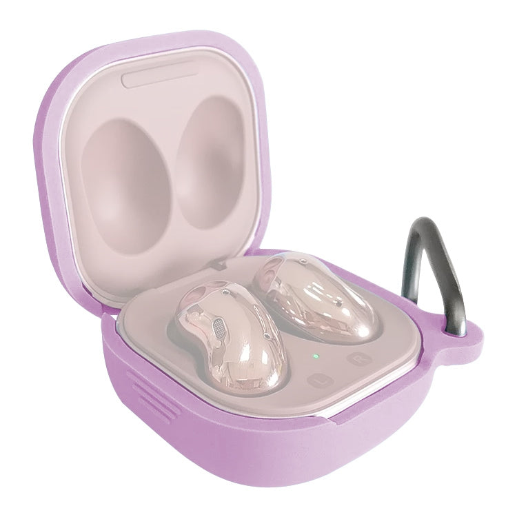 Light purple silicone protective earbud case with open lid, built-in hook, and cradle for Buds Live/Pro.